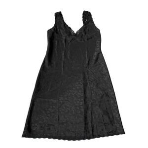 Vintage 1970s Barbizon Slip Dress Midi Lace Trim Floral Vines Black L EUC